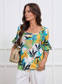 Miaspire Women's Floral Print Square Neck Puff Sleeve Midi Blouse, For Spring/Summer Holiday - Multicolor - View 4