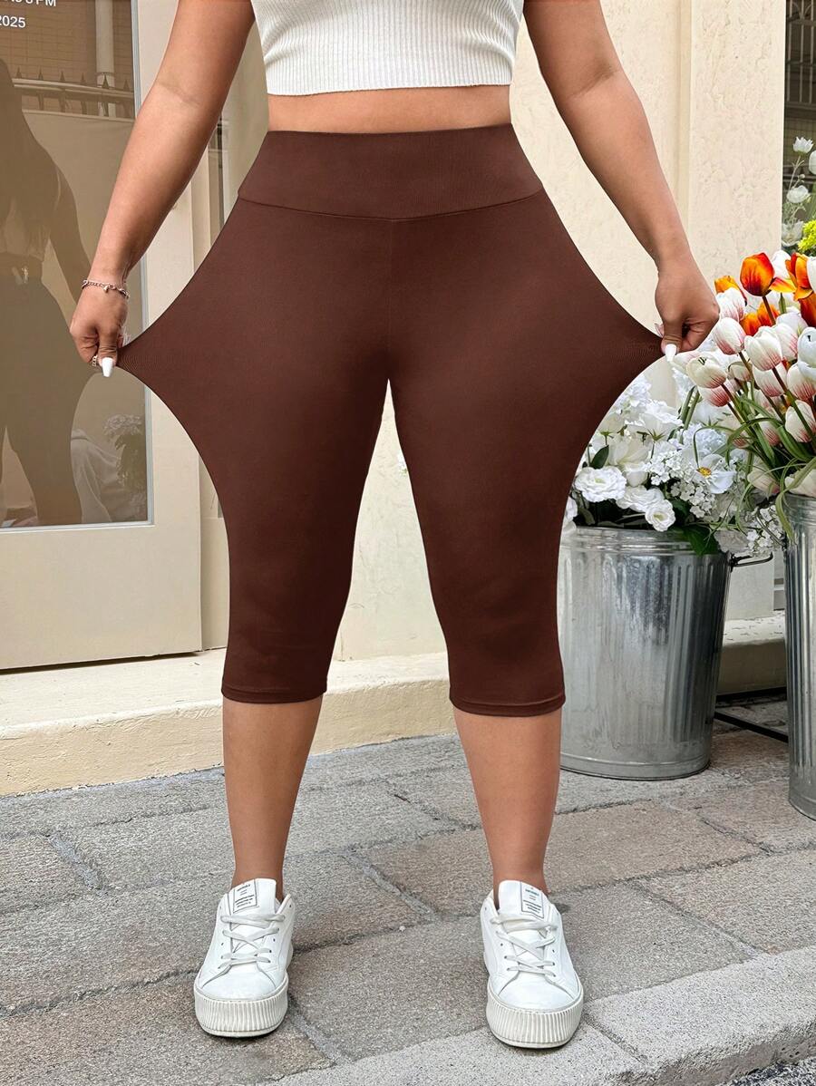 SHEIN EZwear 加大码棕色卡普里紧身裤,春夏度假风格 - 棕色 - 查看 1