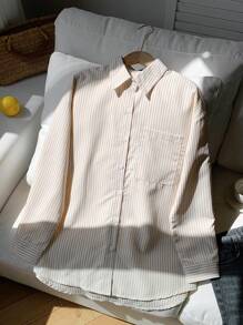 SHEIN Comfortcana Áo sơ mi dài tay kẻ sọc hàng ngày cài nút phía trước cho nữ - Màu be - Xem 7