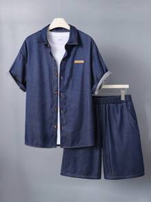 3 Pieces Men's Set: White Knit T-Shirt & Blue Shirt With Embroidered Patch & Blue Shorts, Fashionable Casual Stylish Outfit, Suitable For Spring/Summer, Overall Stylish And Fashionable Look, Great For Parties - Blue - View 3