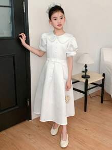 DAZY Tween Girl Ruffle Collar & Puff Sleeve Dress, Summer,Back To School Clothes - White - View 6