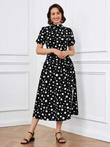 SHEIN LUNE Women's Summer Elegant Polka Dot Print Mid-Length Dress, Graceful Ladies Dress - Black and White - View 7