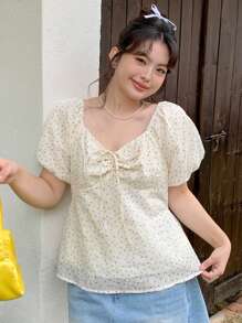 Dazy Plus 大码波点露肩系带腰身两件套优雅短袖衬衫娃娃衫度假装女装 - 杏色 - 查看 1