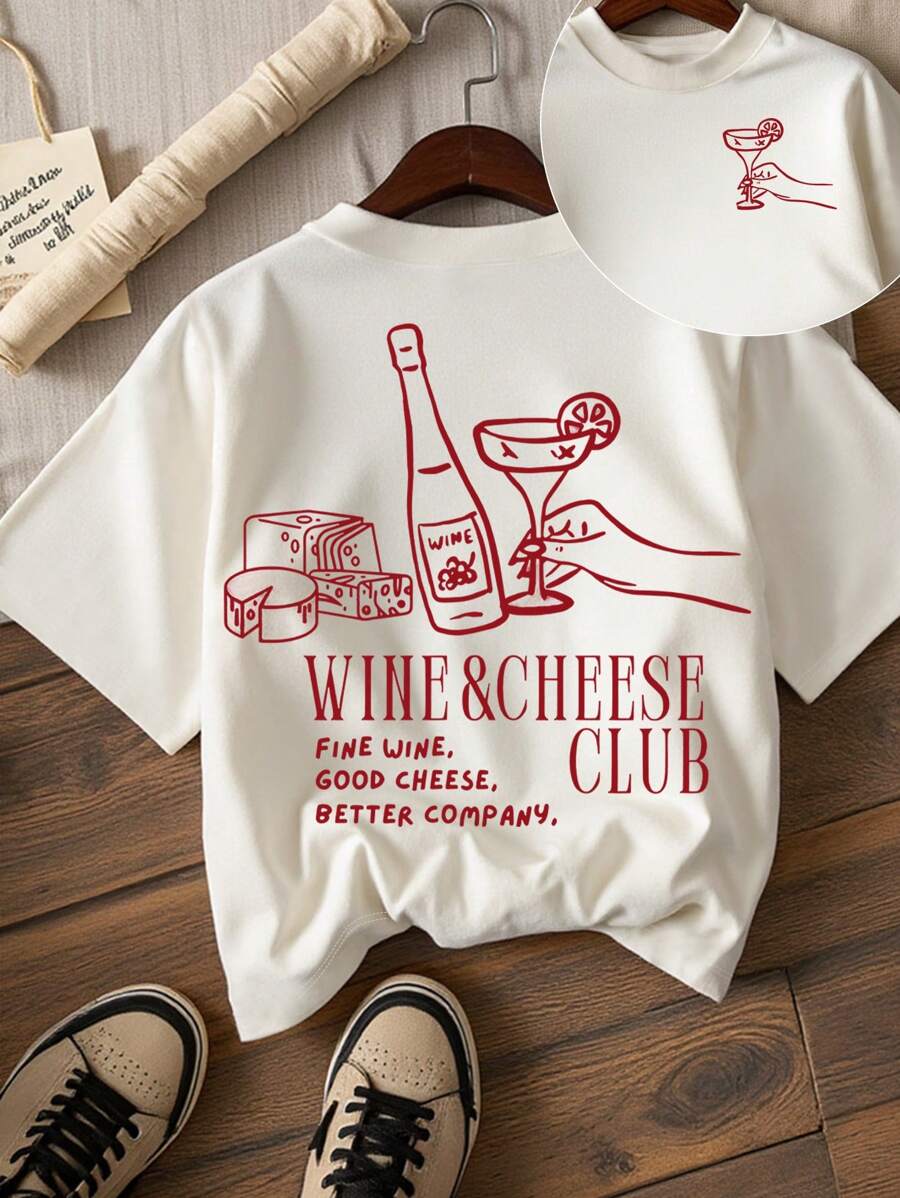 Glissea Camiseta de manga corta y cuello redondo con estampado de club de vino y queso para mujeres