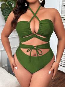 Swim Lushoire Plus Size Women's Solid Color Spaghetti Strap Drawstring Sexy Backless One-Piece Swimsuit For Summer Beach Vacation - Green - View 5