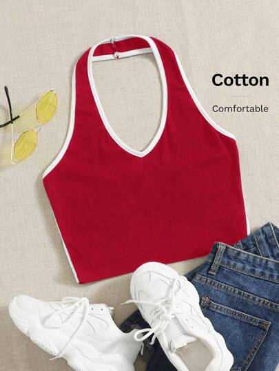 SHEIN EZwear Camiseta sin mangas de punto de verano para mujer, top deportivo casual de contraste de color rojo y blanco