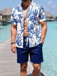 Manfinity RSRT Men's Ocean Animal Printed Blue Beach Set, Suitable For Summer - Blue - View 6