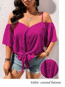 EMERY ROSE Plus Size Fashionable Casual Retro V-Neck Open Shoulder Tie Front Blouse Women Summer Shirts Summer Clothes Women Clothes Women Plus Clothing Formal