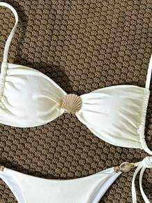 Swim Vcay Tankini dengan Tali Bahu Tipis, Bantalan, Dekorasi Kerang, dan Bawahan Renang dengan Tali Samping, Set Bikini Putih Musim Panas untuk Wanita - Krem - View 3
