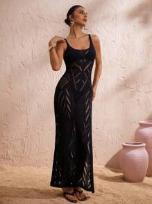Swim Vcay New Solid Black European & American Holiday Beach Cover Up Dress, Hollow Hook Design Boho Swimsuit Cover-Up Dress For Summer Beach Vacation - Black - View 4