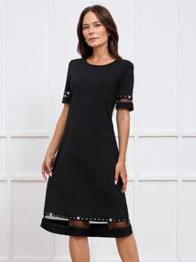 Miaspire Women's Elegant Rhinestone Embellished Round Neck Short Sleeve Mid-Length Dress, Suitable For Spring & Summer - Black - View 3