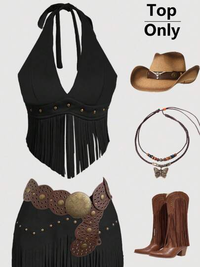 SHEIN ICON Y2k Concert Women Vintage Style Cowgirl Boho Country Concert Vacation Hippie Vacation Western Wear Women Festival Tasseled Hem Backless Chamois Halter Top