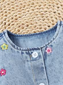 SHEIN Playful Pals 2 chiếc váy ngắn denim rộng rãi thoải mái dễ thương cho bé gái, thêu hoa dễ thương, không co giãn, váy ngắn tay lửng, áo len cardigan nhẹ mùa hè, hàng mới về mùa xuân/hè 2025, thích hợp cho các buổi đi chơi hàng ngày - Rửa trung bình - Xem 3