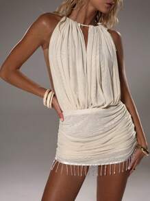 TRNVIE 春夏季度假性感褶饰网眼流苏下摆露背迷你连衣裙 - 黃色 - 查看 4