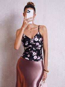 Lavishia Black Background Pink Floral Print Crisscross Waist Ruched Fitted Women Tank Top Summer Outfits For Women Spring Outfits For Women Country Outfits Women Summer Clothes Women Flower Top
