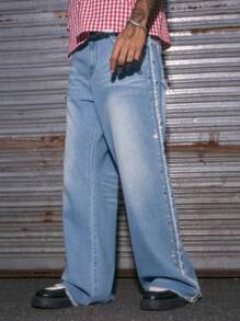 AXEPEAK Multi Size Fashion Street Style Distressed Wide Leg Straight Fit Men's Jeans, Streetwear Essential
