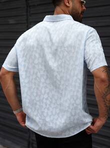 Manfinity Homme Men Plus Size Light Blue Textured Short Sleeve Button-Up Shirt, Summer Casual Vacation Solid Color Texture Fabric, Gift For Husband Boyfriend - Baby Blue - View 2