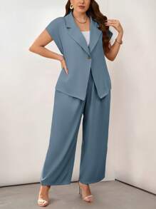 Firerie Plus Size Summer Elegant Formal Dusty Blue Business Office Wear Turndown Collar Short Sleeve Metal Button Blazer And Straight Leg Suit Pants Set - Dusty Blue - View 5
