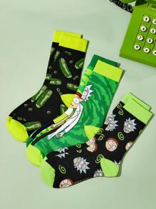 Rick and Morty X SHEIN 3 Pairs Of Green, Black, Cucumber Pattern Breathable & Soft Mid-Calf Socks, Reinforced Toe & Heel For Durability, Suitable For All Seasons, Unisex - Multicolor - View 2