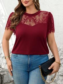 SHEIN Clasi Plus Size Women Lace Patchwork Short Sleeve Top - Burgundy - View 5