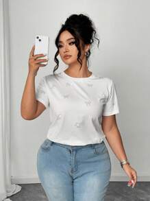 Elenzga Plus Size Women Short Sleeve T-Shirt With Rhinestone Bow Decor - White - View 3