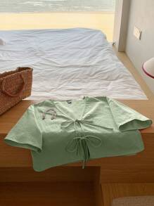 Comfortcana 女式轻薄纯棉纽扣衬衫，夏季 - 薄荷綠 - 查看 7