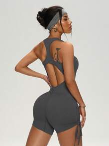 Easithlete Women's Athletic Jumpsuit, Black Drawstring Romper, Yoga & Sports - Dark Grey - View 6