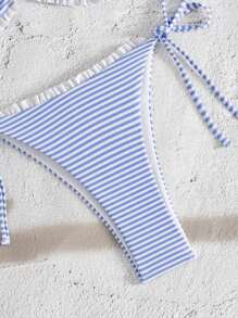 Swim Mod 女士新款时尚条纹印花露背系带荷叶边三角泳裤侧系带泳衣套装，夏季沙滩比基尼