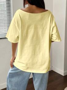 Flirla Oversized Y2K Sea Creature Print Asymmetric Neck Loose T-Shirt, Plus Size Summer Short Sleeve Yellow Tee