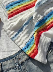 Comfortcana 女式多色条纹印花圆领休闲套头毛衣背心