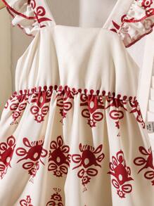Vestido negro y blanco con volantes para niña, adecuado para vacaciones de primavera/verano y actividades al aire libre - Rojo - Ver 6