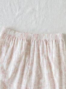 Girls Casual 2Pcs Outfit - Collar Ruffle Trim Tee & Pants Set, Floral & Rabbit Line Pattern, Light Pink Color, Comfortable Loungewear Women Pjs S For Women S For Women Pajama Set Pajamas Sets Summer Pajama Set