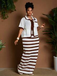 Maweii Cardigan corto con tasche e allacciatura frontale, abbinato a una gonna lunga elegante, outfit vacanziero per donna taglie forti