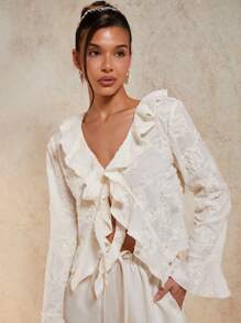 COSMINA Women's Elegant Vacation Transparent 3D Flower Tied Ruffle Hem Blouse, Spring/Summer - Apricot - View 1