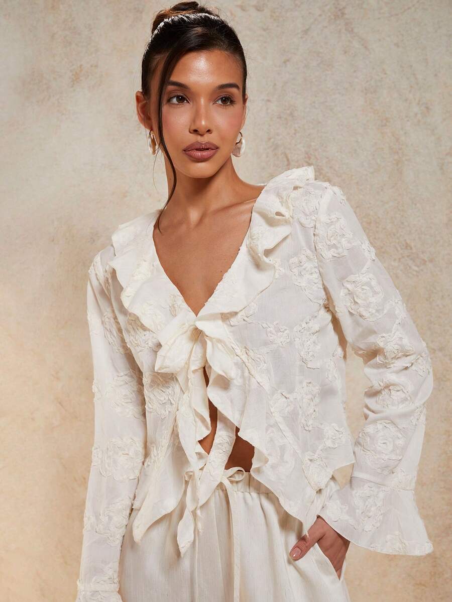 COSMINA Women's Elegant Vacation Transparent 3D Flower Tied Ruffle Hem Blouse, Spring/Summer - Apricot - View 1