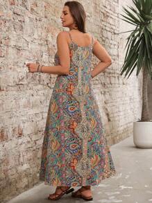 Breezaya Plus Size Casual Vacation Spaghetti Strap Patchwork Flare Hem Dress For Women - Multicolor - View 2