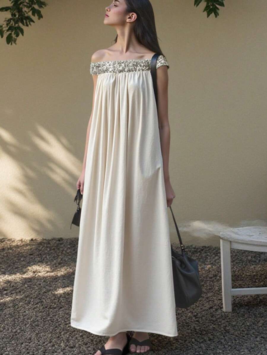 Đầm dài hở vai đính sequin mùa hè cho nữ - Màu Khaki - Xem 1