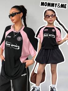 Young Girl Contrast Color Knit Loose Fit Crew Neck T-Shirt - Black - View 1