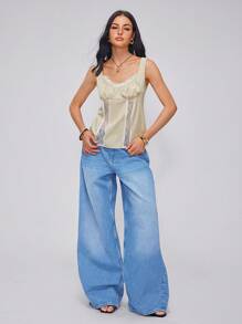 Roylia Women's Summer Holiday Pleated Lace Insert Camisole - Green - View 3