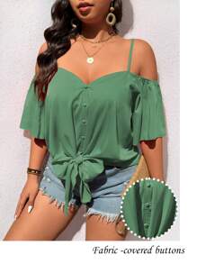 SHEIN LUNE 大码时尚休闲复古V领露肩系带衬衫女夏季衬衫夏装女装女士加大码正式服装 - 綠色 - 查看 5