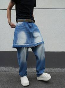 Manfinity EMRG Men's Light Wash Denim Kilt Jeans: Unique Layered Design With Zipper Detail And Long Length - Light Wash - View 6