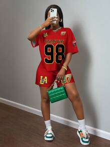 Slaydiva 2pcs Women Casual Sports V-Neck Loose Short Sleeve T-Shirt & Shorts Set, Mesh Fabric, Number 98 & LA Print, Suitable For Sports Matches, Summer