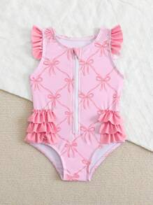 Newborn/Infant Cute Bow Knot Printed 3-Layer Ruffles Beach Swimsuit Romper, Suitable For Swimming And Vacation - Multicolor - View 4