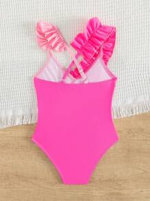 SHEIN 1 件女童和小女孩拼色连体泳衣，沙滩/游泳/戏水夏季泳衣 - 粉色 - 查看 2