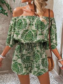 Breezaya 度假印花露肩喇叭袖连体裤 - 彩色 - 查看 3