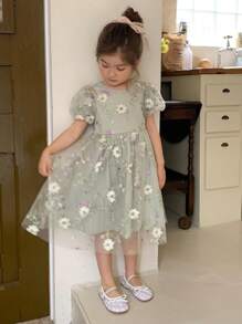 Hapijoa Young Girl Round Neck Short Sleeve Fashionable Summer Dress - Green - View 4