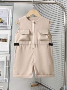 SHEIN Young Boy 卡其色工装风格休闲连体裤 - 卡其色 - 查看 6