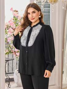Modelyn Blouse ample à manches longues, col volant, décoration de perles, couleur unie élégante pour le printemps et l'automne, grandes tailles - Noir - Voir 4