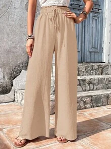 SHEIN Tall 女款卡其色寬腿褲，休閒波希米亞風紋理布料輕便秋季衣物，適合度假、假期、音樂節、春季，高個女性日常穿著 - 杏色 - 查看 3