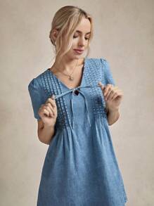 Wildy 女式中长纯色V领短袖连衣裙，夏季时尚 - 淺色水洗藍 - 查看 5